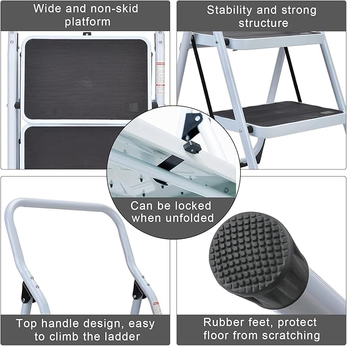 1-Step Ladder Folding Step Stool with Anti-Slip Sturdy and Wide Pedal Stepladder Multi-Use for Home and Kitchen Space Saving (White)