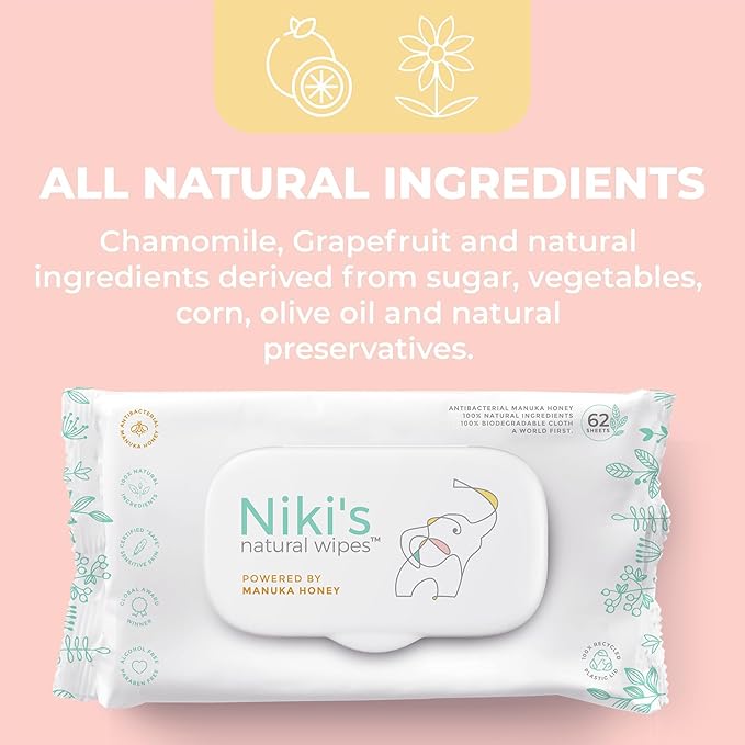Niki's Natural Baby Wipes | Sensitive Organic Baby Wipes | Made with Manuka Honey and Coconut Oil, No Added Scents | EWG Verified | 248 Wipes (4 Pack x 62 Count Wipes)