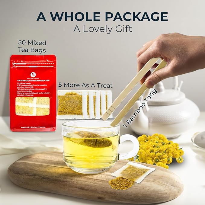 INJOY YOUR VITALGRI:N Vietnamese Chrysanthemum Tea - 55 Count (+5 Tea Bags) Bamboo Tong Included - 4.23 oz, Re-Steep Chrysanthemum Floral Scent Herbal Tea for Detox, Sleep, Relax Support, Daisy