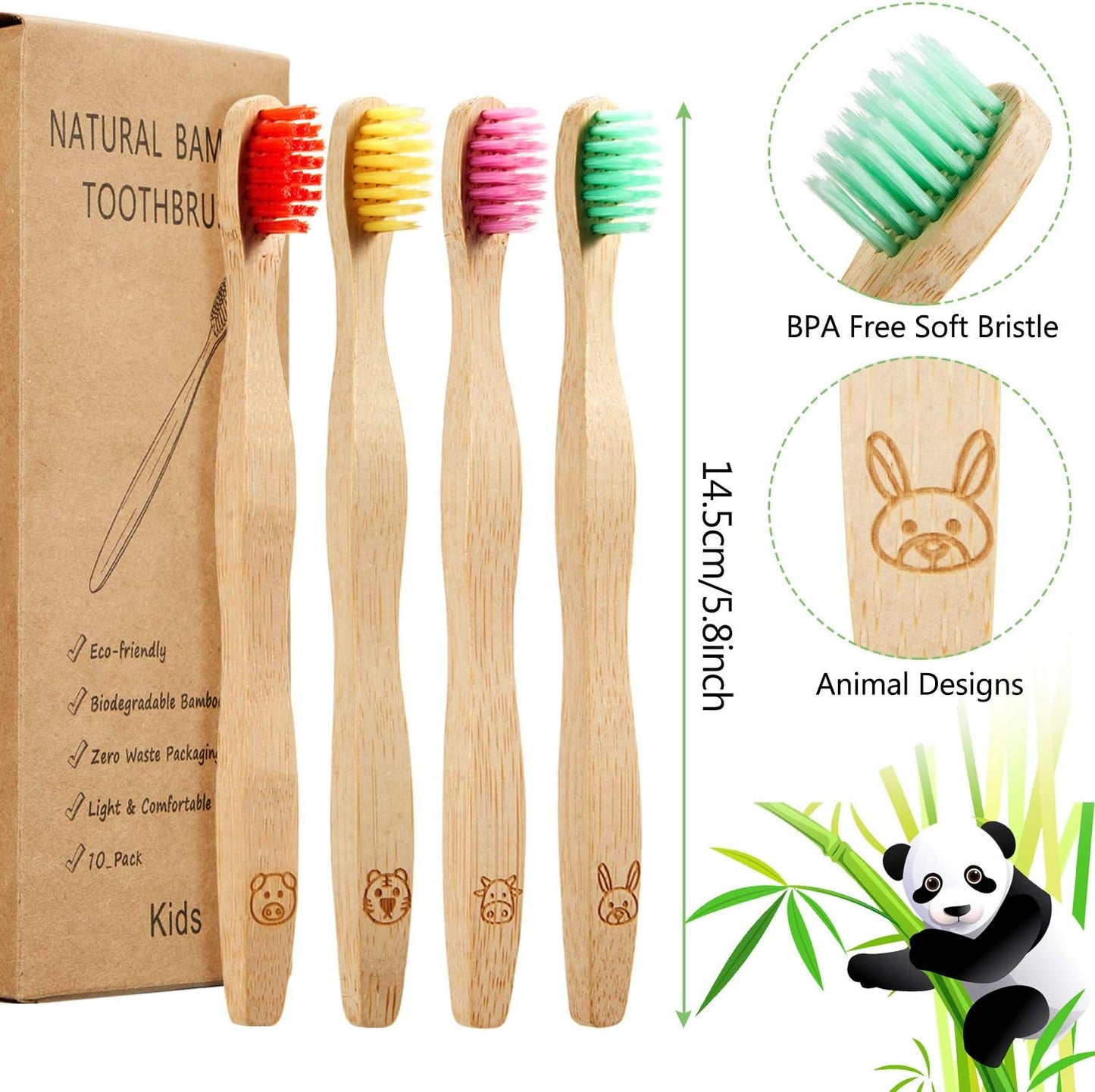 Boao 16 Pcs Kids Bamboo Toothbrush Soft Bristle Natural Toothbrush Wooden for Kids with Colorful Bristles and Ergonomic Animal Designs Handles