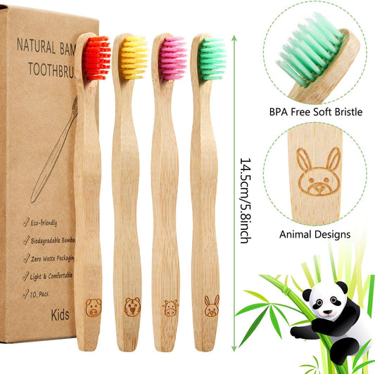 Boao 16 Pcs Kids Bamboo Toothbrush Soft Bristle Natural Toothbrush Wooden for Kids with Colorful Bristles and Ergonomic Animal Designs Handles