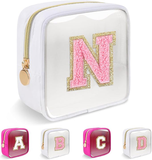 Personalized Initial Letter Clear Preppy Makeup Bag,Mini Nylon Chenille Letter Cosmetic Bag Cute Zipper Pouch Purse for Teen Girls,Portable TSA Approved Beach Travel Essentials Bag Gift for Women,N