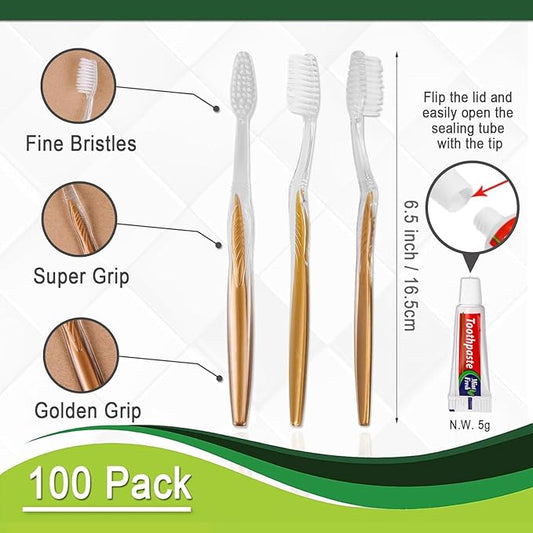 100 Pack Disposable Toothbrushes with Toothpaste Bulk Individually Wrapped, Travel Toothbrushes with Medium Soft Bristle, Manual Travel Toothbrush Kit for Adults, Kids