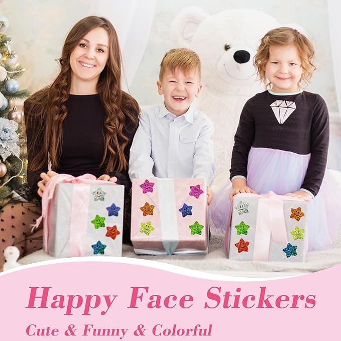 700Pcs Smiley Face Star Stickers for Kids Reward,1inch 8 Colored Sparkly Foil Star Stickers for Student Planner and School Classroom Teacher Supplies 3.15inch in Diameter per roll(8cm)