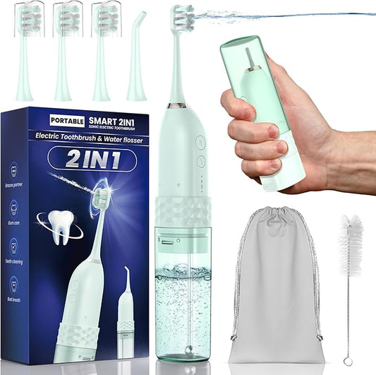 Portable Water flosser with Electric Toothbrush, 2 in 1 Teeth Cleaning Kit, Electric Toothbrush and flosser Combo, Water Flosser for Travel and Home (Green)