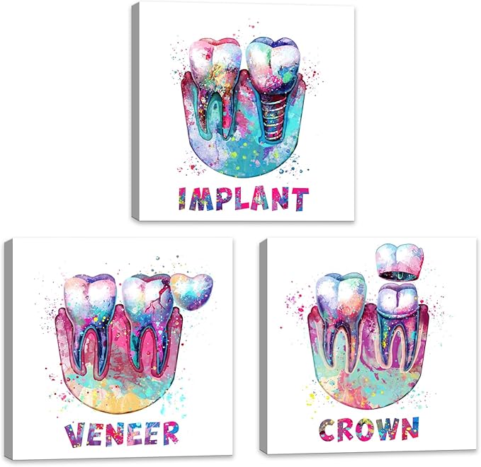 KLVOS Medical Wall Art Print Abstract Colorful Tooth Picture Dental Treatment Teeth Medical Canvas Prints Art Decor Great Gift for Dental Clinic Hospital Chemist Stretched Ready to Hang 12"x12"x3pcs