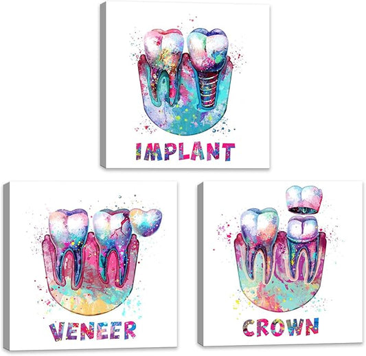 KLVOS Medical Wall Art Print Abstract Colorful Tooth Picture Dental Treatment Teeth Medical Canvas Prints Art Decor Great Gift for Dental Clinic Hospital Chemist Stretched Ready to Hang 12"x12"x3pcs