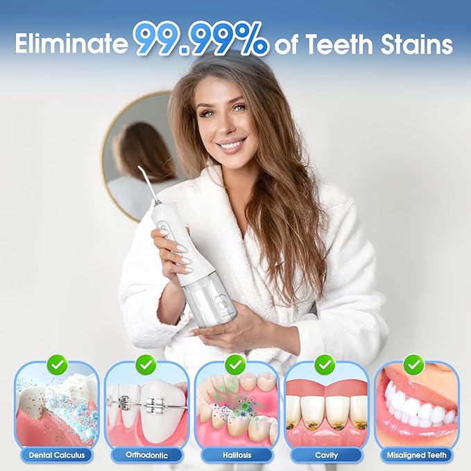 Water Flosser, Rechargeable 300ML IPX7 Waterproof Cordless Portable Oral Irrigator with 4 Modes & 6 Replaceable Jet Tips-Professional Flossing Cleaner for Daily Home Use,Travel,Gums,Braces Care(White)