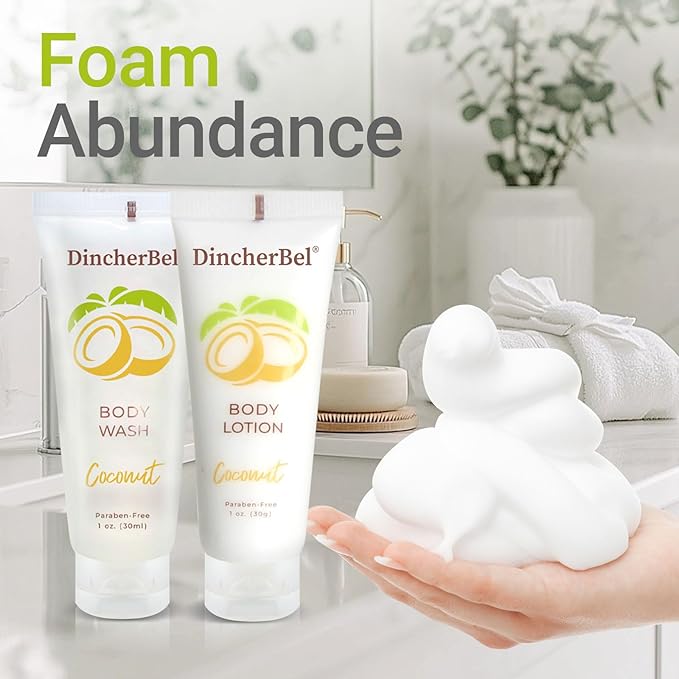 DincherBel Travel Size Body Wash and Body Lotion - Bulk Hotel Toiletries Supplies for Guests - Refreshing Tropical Coconut Scent Shower Gel and Body Cream for Men & Women (1 Fl Oz, 100 Pack)