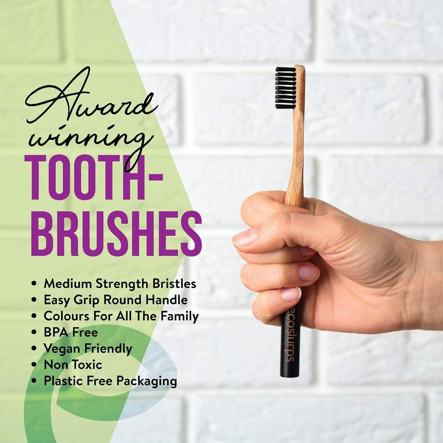 EcoSlurps 6 Bamboo Toothbrushes Multipack - Award Winning Round Handle Soft Medium Bristle Wooden Toothbrush Family Set Bulk (6 Pack)