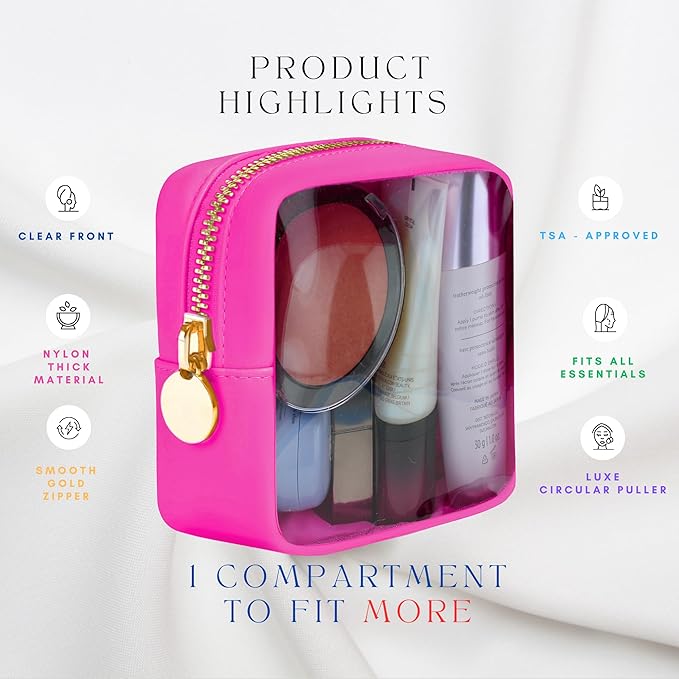 DANCOUR Clear Mini Makeup Bag for Purse Small Cosmetic Pouch Travel Case Transparent Toiletry Organizer Portable Clear Pouch Hot Pink