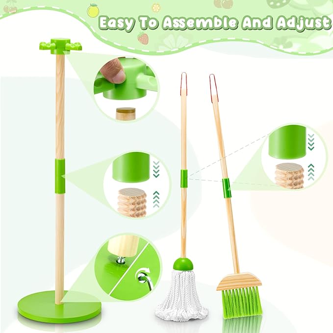 WHOHOLL Wooden Kids Cleaning Set Toddler Broom Set for Housekeeping 8 Pcs Broom and Mop Set for Toddlers 3-5, Baby Cleaning Toys with Dustpan Sponge, Christmas Birthday Gifts for Boys Girls (Green)