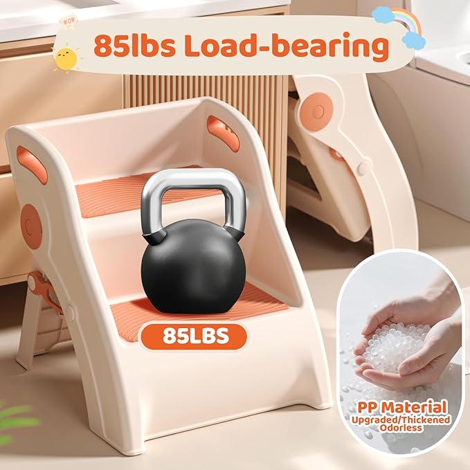 Step Stool for Toddlers – Foldable Toddler Step Stool for Bathroom Sink, 100lbs Load Bearing Non-Slip Kids Stool with Handles and Anti-Tip Design - Potty Training Stool for Ages 2+ (2.Brown)