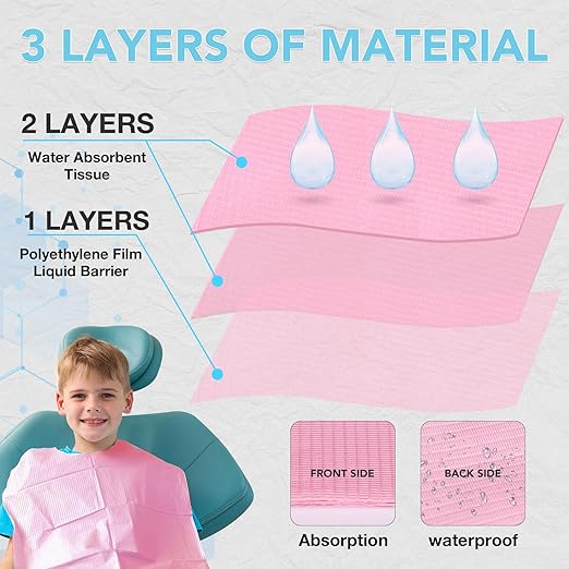 200 Pack Disposable Dental Bibs 13"x18", 3-Ply Waterproof Tattoo Bibs Sheet for Nail Salon, Dental Clinic, Feeding, Tattoo Shop (Pink)