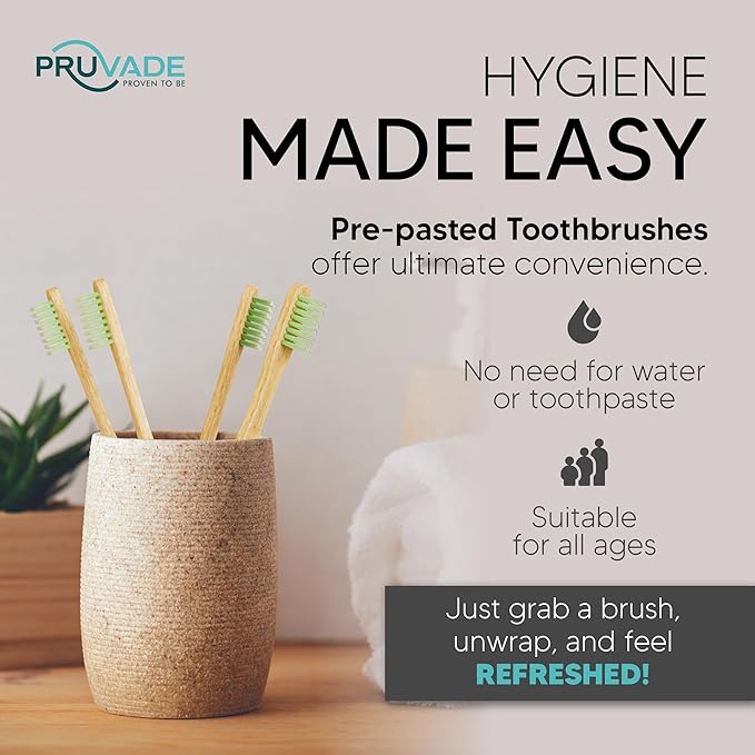 12 Pack Disposable Bamboo Toothbrushes with Toothpaste Built in - Prepasted Toothbrushes Individually Wrapped - Single Use Waterless Tooth Brush with Soft Bristles for Hotel, Camping, Travel