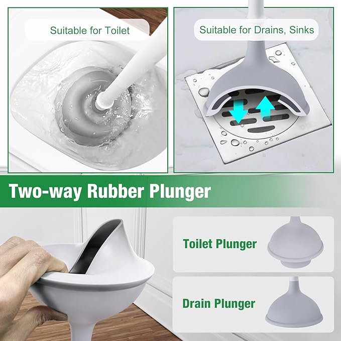 Lefree, 2 in 1 Toilet Brush and Plunger Set with Silicone Bristles, Plastic Material, Includes Holder, White/Black, for Deep Cleaning