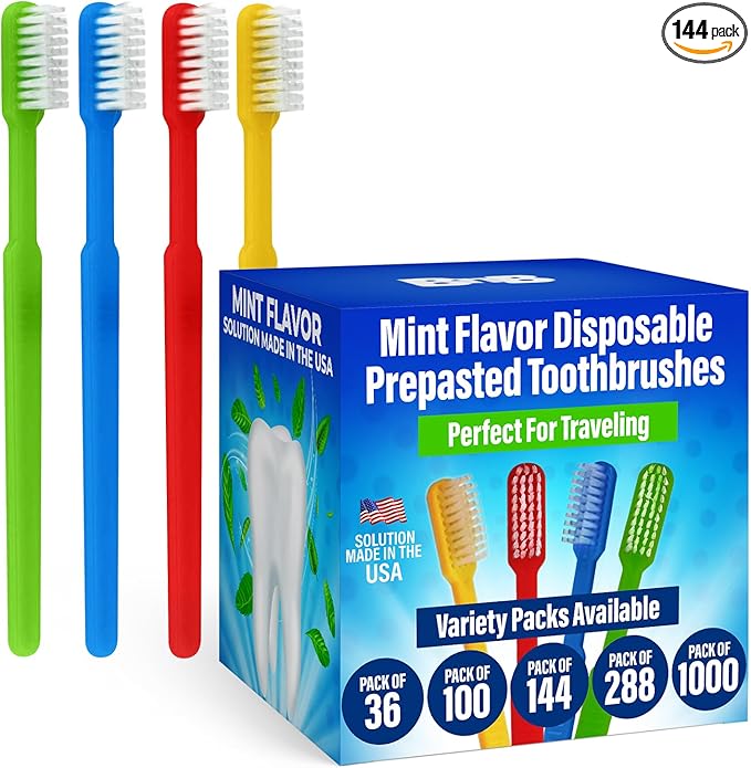 144 Prepasted Disposable Toothbrushes | Pre-Pasted Soft Bristle Tooth Brush for Dental Care & Oral Hygiene | Individually Wrapped Toothbrush Pack Airbnb Gifts | No Water Needed, Paste Made in USA.