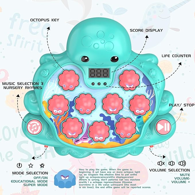 Octopus Vitality Strike Game, Educational Musical Whack-A-Mole Toy with 2 Game Modes, Digital Score Display, Toddler Early Developmental Learning Toy, Fun Birthday Gift for Kids Age 2+(Multicolored)