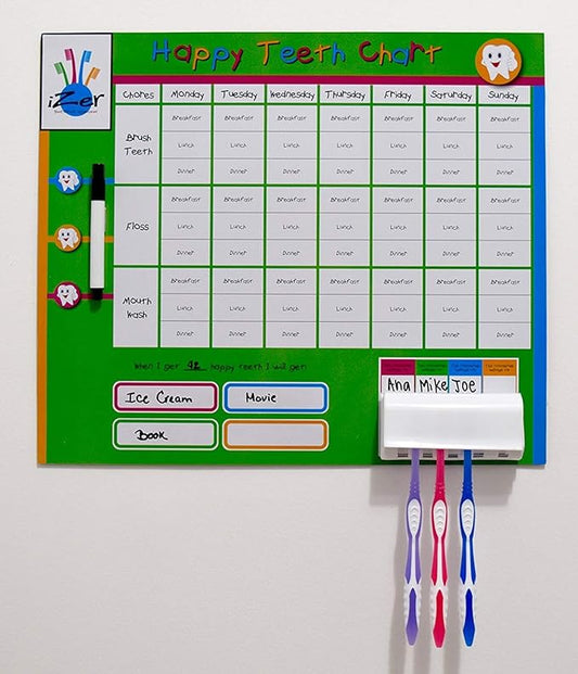 izer Rewards Chart for Kids with Magnets and Tooth Brush Holder, for toothbrushing