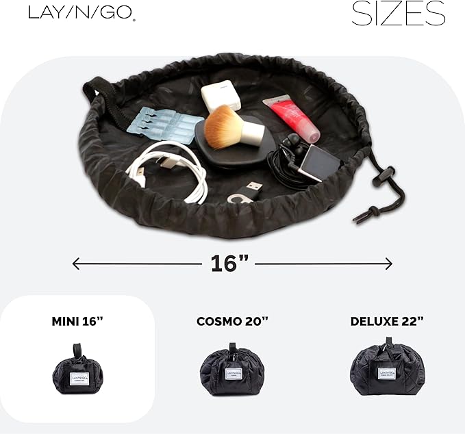 Lay-n-Go Cosmo Layflat Drawstring Cosmetic & Makeup Bag Organizer w/Zipper Pocket, Brush Loops & More, Cinch to Close, Lay Flat to Use, Durable, Machine Wash, Travel Toiletry Bag (16", Black)