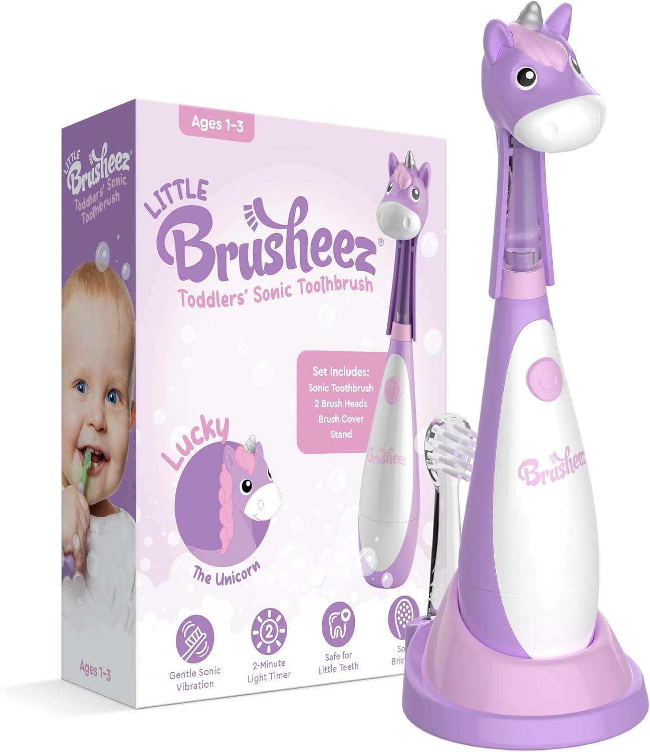 Brusheez Little Toddlers’ Sonic Toothbrush - Safe & Gentle Toothbrush for Ages 1-3 with Built-in, Light-Up 2-Minute Timer, Extra Brush Head, & Storage Base for First-Time Brushers (Lucky The Unicorn)