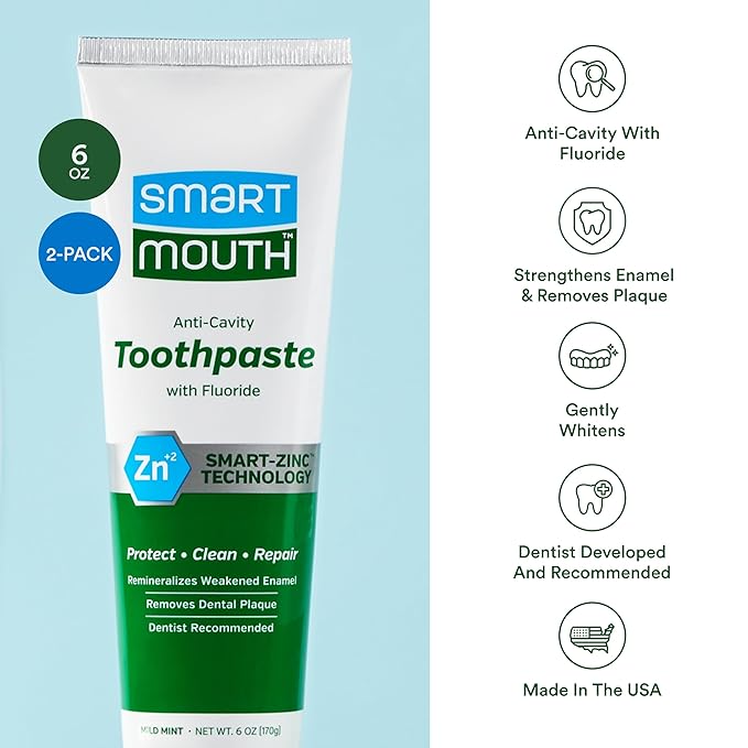 SmartMouth Premium Zinc Ion Toothpaste - Whitening - with Fluoride - Refreshing, Anti-Cavity Toothpaste for Adults - Strengthens Enamel - Mild Mint Flavor, 6 oz (2 Pack)