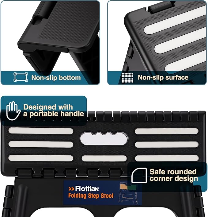 Flottian 9" Folding Step Stool for Adults and Kids 15-Inch Extra Wide Stool Holds Up to 300 lbs,Non-Slip Folding Stools with Handle,Compact Plastic Foldable Step Stool for Bathroom,Kitchen,ect,Black