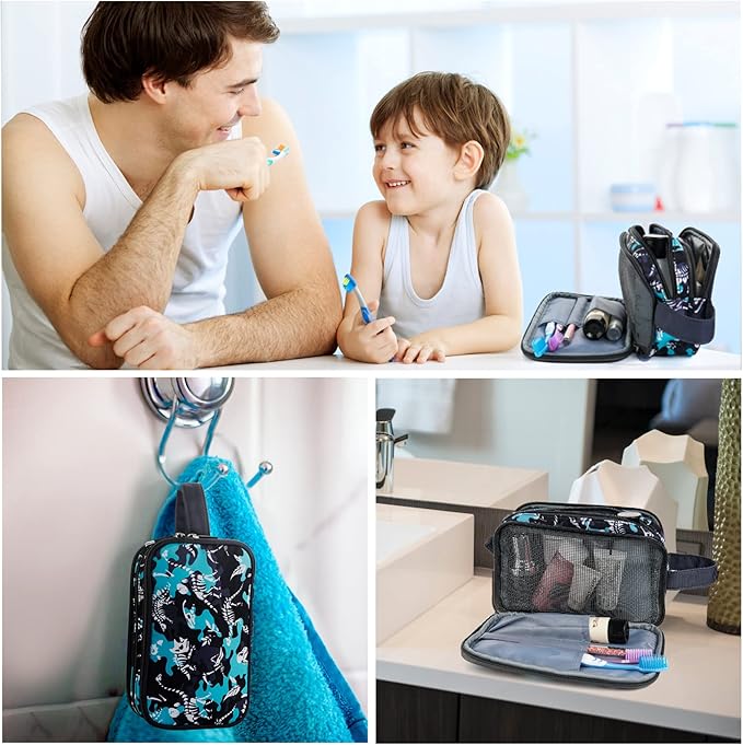 Kids Toiletry Bag for Boys, Travel Toiletry Bag for Little Young Boys Waterproof Hanging Wash Bag Toddler Traveling Toiletries, Dinosaur Black