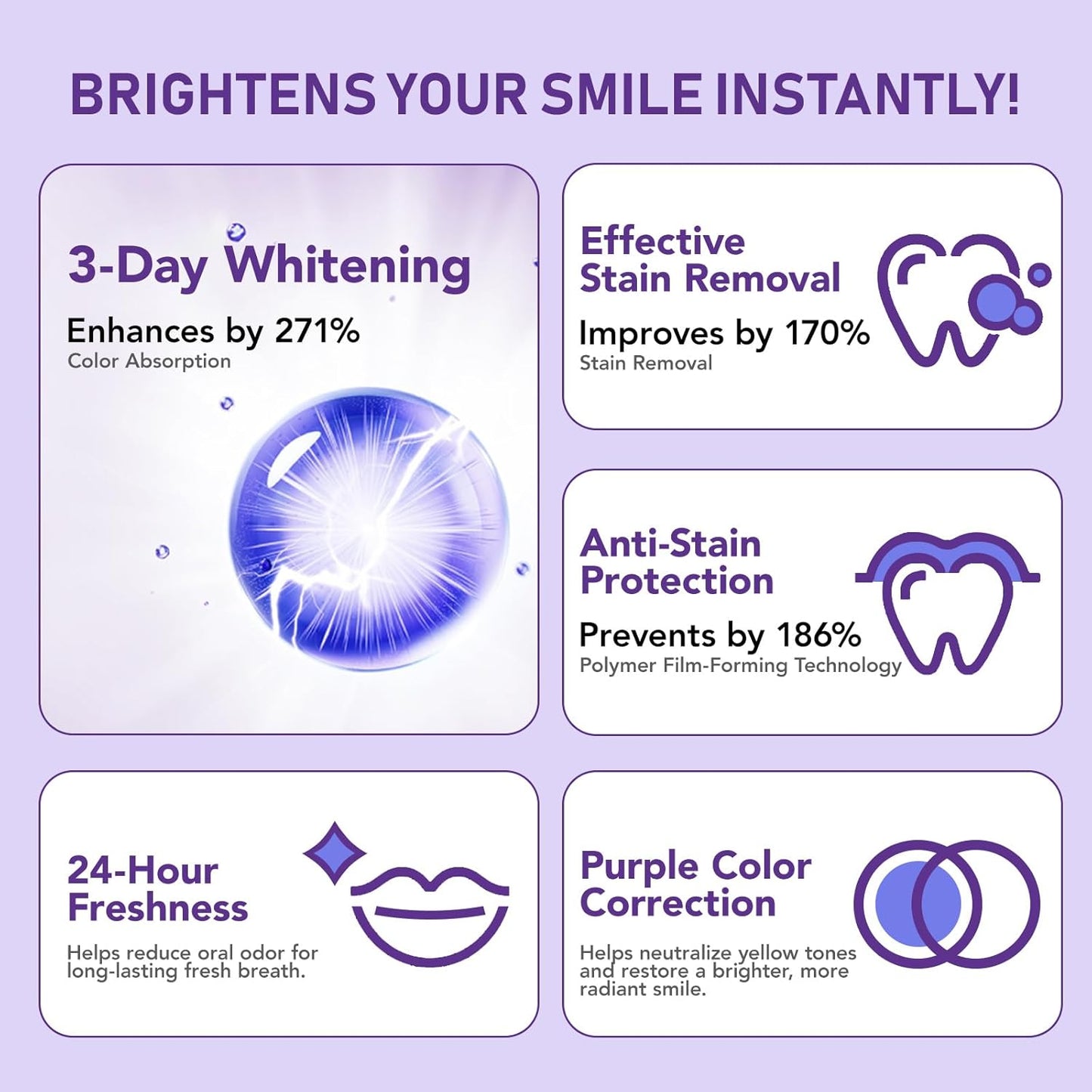 Teeth Whitening Powder, Teeth Whitening, Whitening Toothpaste Power, Removes Stains, No Sensitivity, Breath Freshener, Mint Flavor Purple Brightening Powder 30g