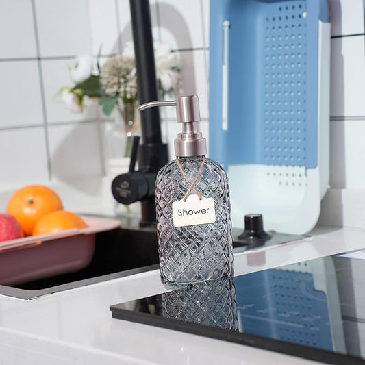16 oz Diamond Pattern Glass Soap Dispenser, Kitchen and Bathroom Refillable Soap Dispenser with Rust Resistant Stainless Steel Pump for Hand Soap, Lotion Glass Liquid Dispenser (Grey)