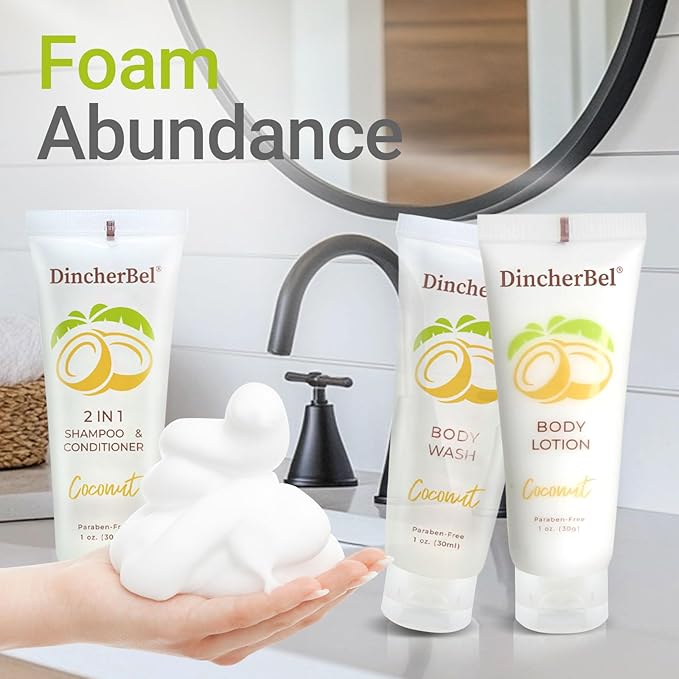 Travel Size Toiletries Kits, Bulk Mini Hotel Guest Amenities (Tropical Coconut, 1oz each), 3-Piece Sets Refreshing Coconut Scent - 50 Shampoo & Conditioner 2 in 1, 50 Body Wash and 50 Body Lotion