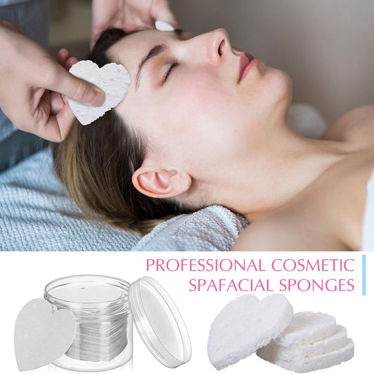 Nuenen 60 Pieces Facial Sponges with Container, Heart Shape Compressed Face Sponges Natural Cleaning Pads for Washing Face Cleaning Exfoliating Esthetician Makeup Removal(White)
