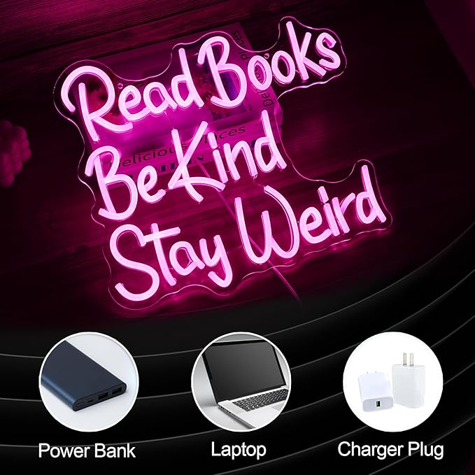 Read Books Be Kind Stay Weird Neon Sign USB Powered Pink Words LED Light Up Sign for Wall Decor Dimmable LED Read Kind Neon Light for Reading Room Bookstore School Library Book Lover Gifts