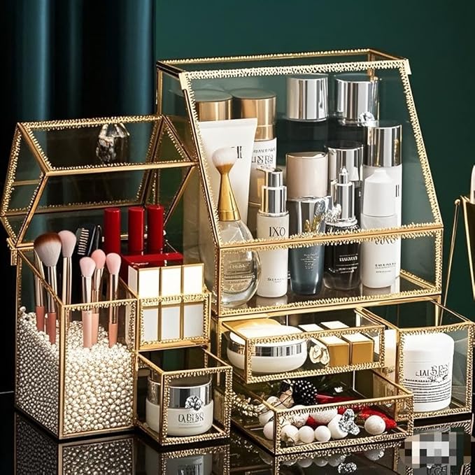 Hersoo Luxury Stackable Glass Cosmetic Organizer 3-Piece Set-Durable,Premium Shatterproof Vanity Storage,Artisan-Design for High-End Bathroom&Makeup Counter Decor(gold)