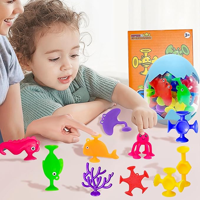 32PCS Suction Cup Bath Toys for Kids Ages 1-3 Ocean Animal Suction Bath Toys with Eggshell Storage No Hole Mold Free Bathtub Toys Party Favor Classroom Prize Water Table Toys 4 5 6 Year Old Boys Girls