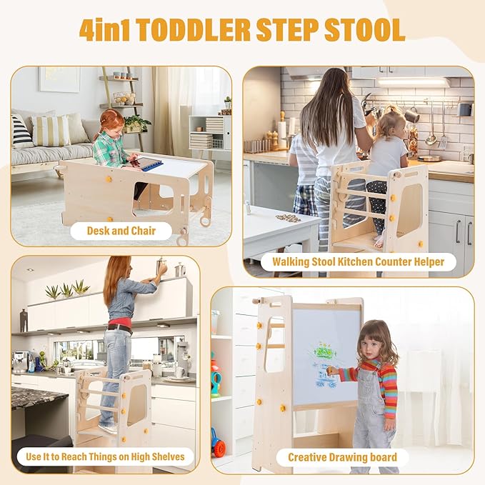 Toddler Standing Tower, 4 in 1 Kitchen Stool Helper with Whiteboard, Kids Step Stool with Convertible Table and Chair, Toddler Helper Tower with Adjustable Height for Counter,Sink