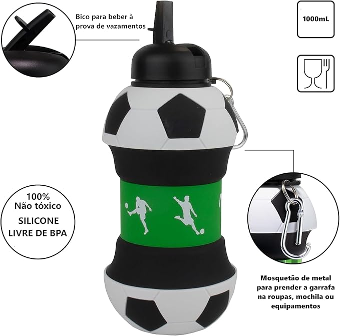 Maccabi Art Clip-On Collapsible 1 Liter, 34 oz. size BPA-Free Silicone Soccer Ball Large Water Bottle for Kids