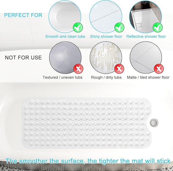 Sheepping Baby Bath Mat Non Slip Extra Long Bathtub Mat for Kids 40 X 16 Inch - Eco Friendly Bath Tub Mat with 200 Big Suction Cups,Machine Washable Shower Mat (White)