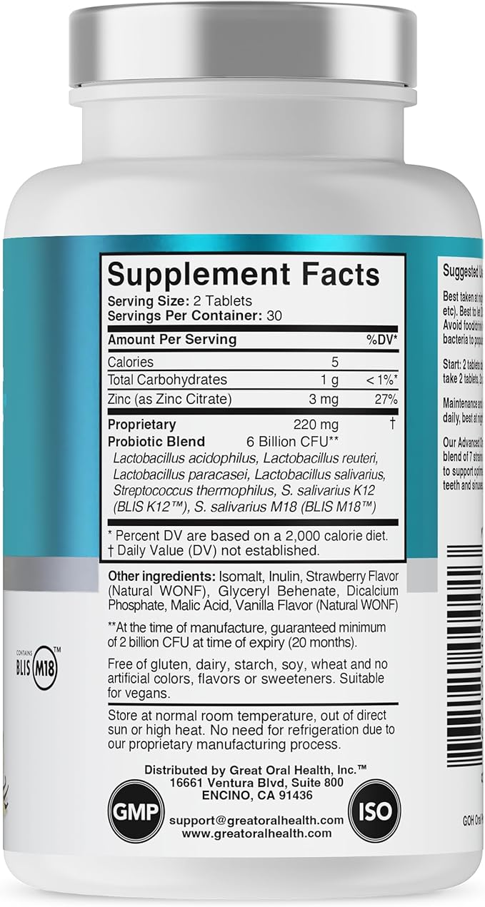 Advanced Oral Probiotics for Mouth Bad Breath Treatment for Adults, Dentist Formulated BLIS K12 M18 Oral Health Probiotics for Teeth/Gums, Flavor Variation Pack: Mint, Strawberry Vanilla 60 Count Each