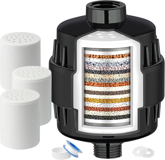 20 Stage Shower Head Filter for Hard Water with 3 Cartridges, High Output Shower Water Filter to Remove Chlorine, Fluoride and Other Impurities, Improves Skin Condition, Protects Hair