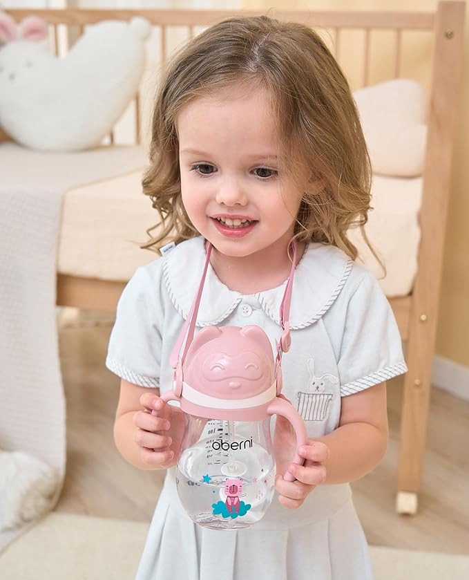 Toddler Sippy Cup, Tritan Baby Water Bottle With Non-Spill Valve Spout, Removable Handle and Carry Strap, 270ml/12m+/Pink/Pack of 3