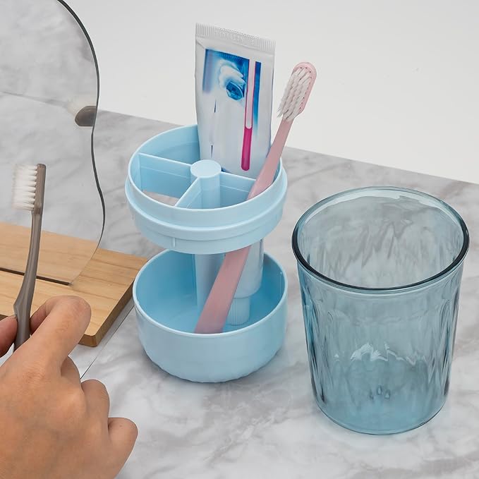 Toothbrush Holder Stand with Cup/Cover, Adjustable Height Toothbrush Organizer with 3 Slots, Portable for Bathroom, Travel, Camping (Blue)