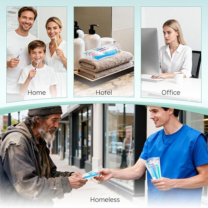 Disposable Toothbrushes with Toothpaste and Comb in Bulk, Individually Wrapped Soft Bristle Travel Size Basic Hygiene Kits, for Travel Hotel Camping Charity Homeless Shelter Donation in 5 colors (50)