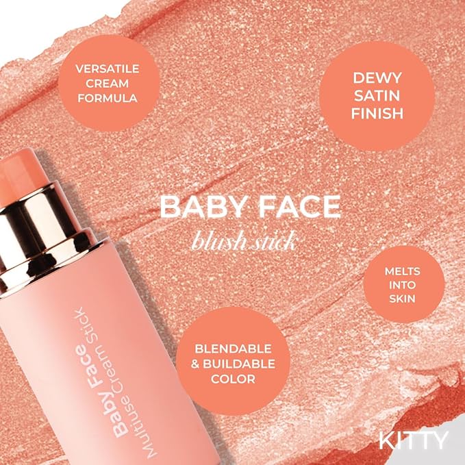 MCoBeauty - Baby Face Multiuse Cream Stick for Lips and Cheeks - Blush Stick in Coral Pearl Shade - Contains Moisturising Jojoba Seed Oil, Coconut Oil and More - Kitty