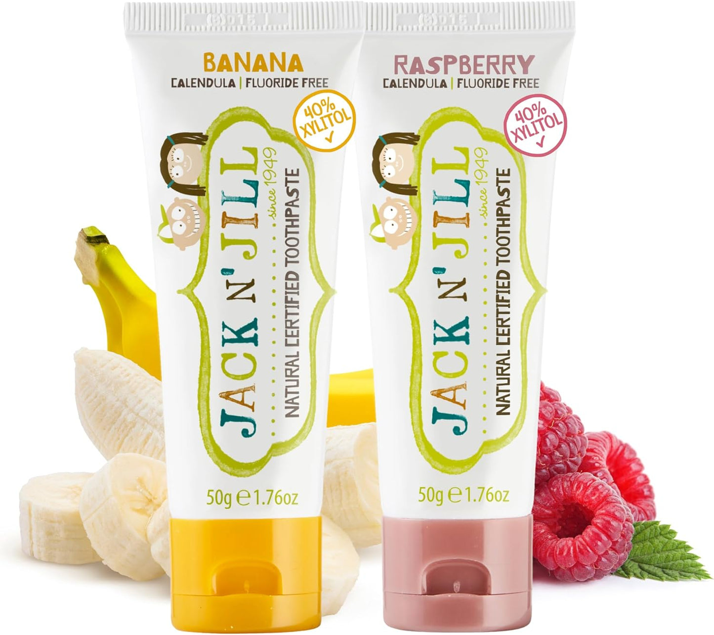 Jack N' Jill Natural Toddler Toothpaste - Fluoride Free Training Toothpaste for Toddlers 1-3, 40% Xylitol, BPA Free - Banana & Raspberry, 1.76 oz (Pack of 2)