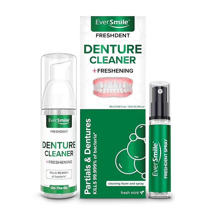 EverSmile FreshDent Denture and Partial Denture Cleaner + Teeth Whitening Spray – Travel Size Alternative to Cleaning Tablets That Eliminates Bacteria and Fights Bad Breath – 50ml + 10ml Pack