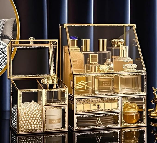 Hersoo Luxury Stackable Glass Cosmetic Organizer 3-Piece Set-Durable,Premium Shatterproof Vanity Storage,Artisan-Design for High-End Bathroom&Makeup Counter Decor(gold)