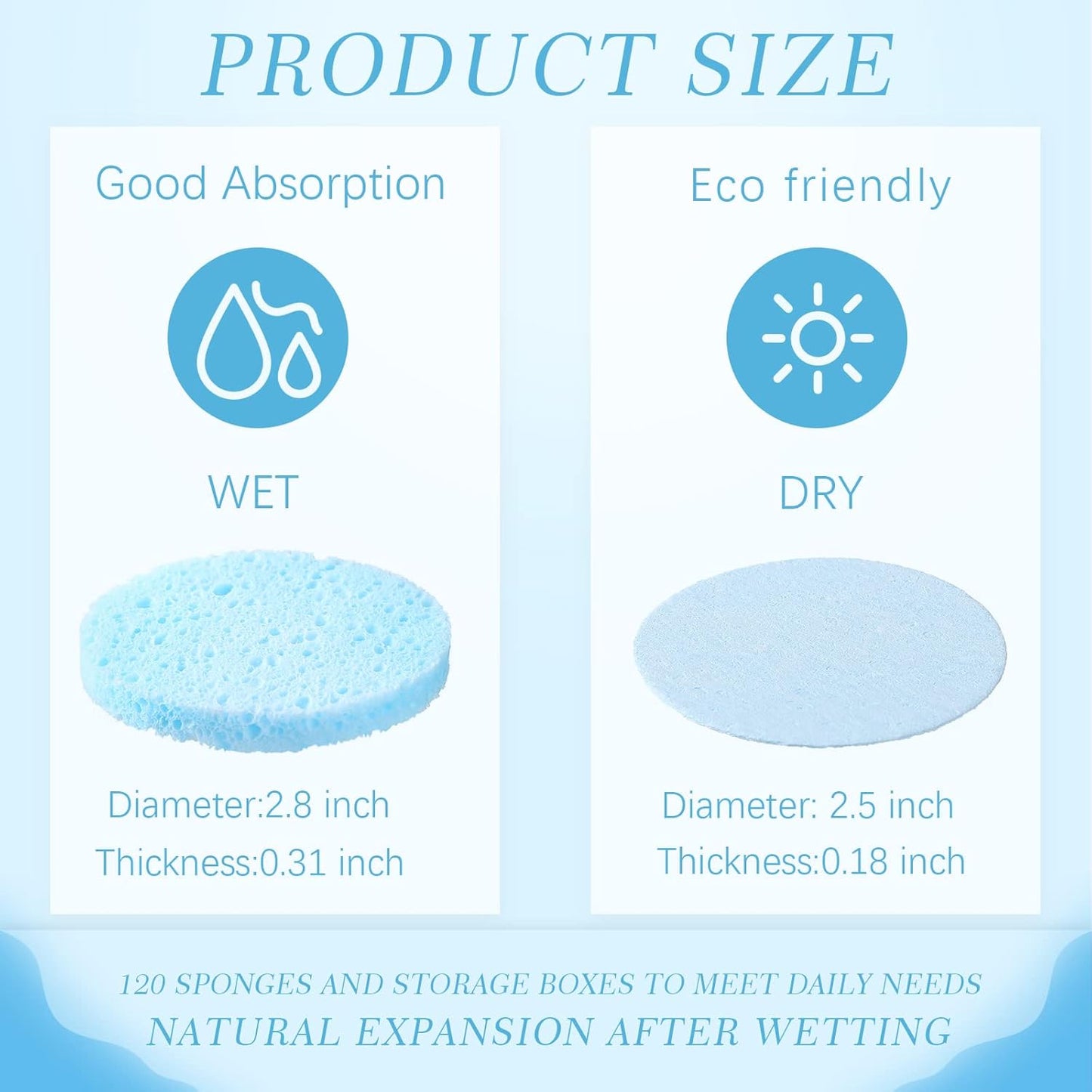 Sieral 120pcs Compressed Facial Sponges Disposable Natural Face Sponges Round Soft Pads with Container for Washing Face Cleansing Exfoliating Esthetician Makeup Removal Travel(Light Blue)
