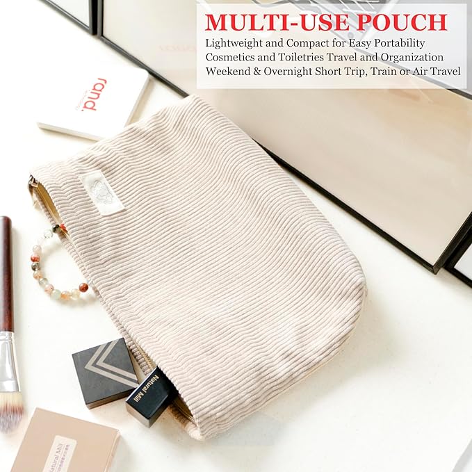 HAPPYHEIDI Large Corduroy Makeup Bag Pocket Cosmetic Toiletry Travel Pouch Office Car Accessory Organizer, Soft Creamy Tea White
