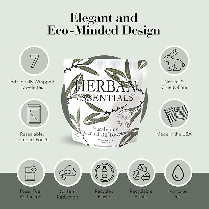 Herban Essentials - Eucalyptus Wipes & Towelettes - Essential Oil Wipes for Hands & Body - Travel Size Essentials and Toiletries - Natural, Individually Wrapped, Disposable & Moist Refresh (7 count)